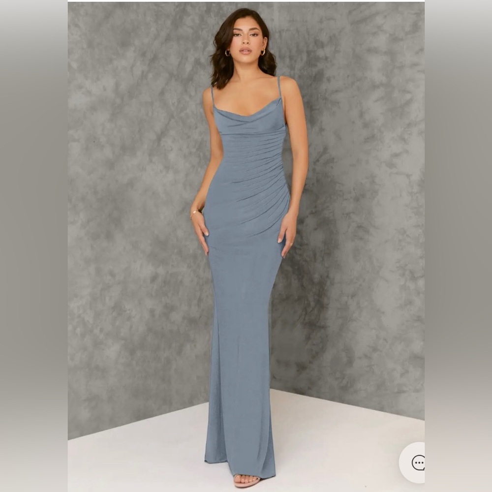 Azazie Sophisticated Gray Draped Midi Dress - Picture 6 of 16